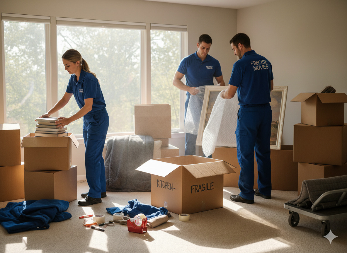 Professionell packning av lådor i ett hem